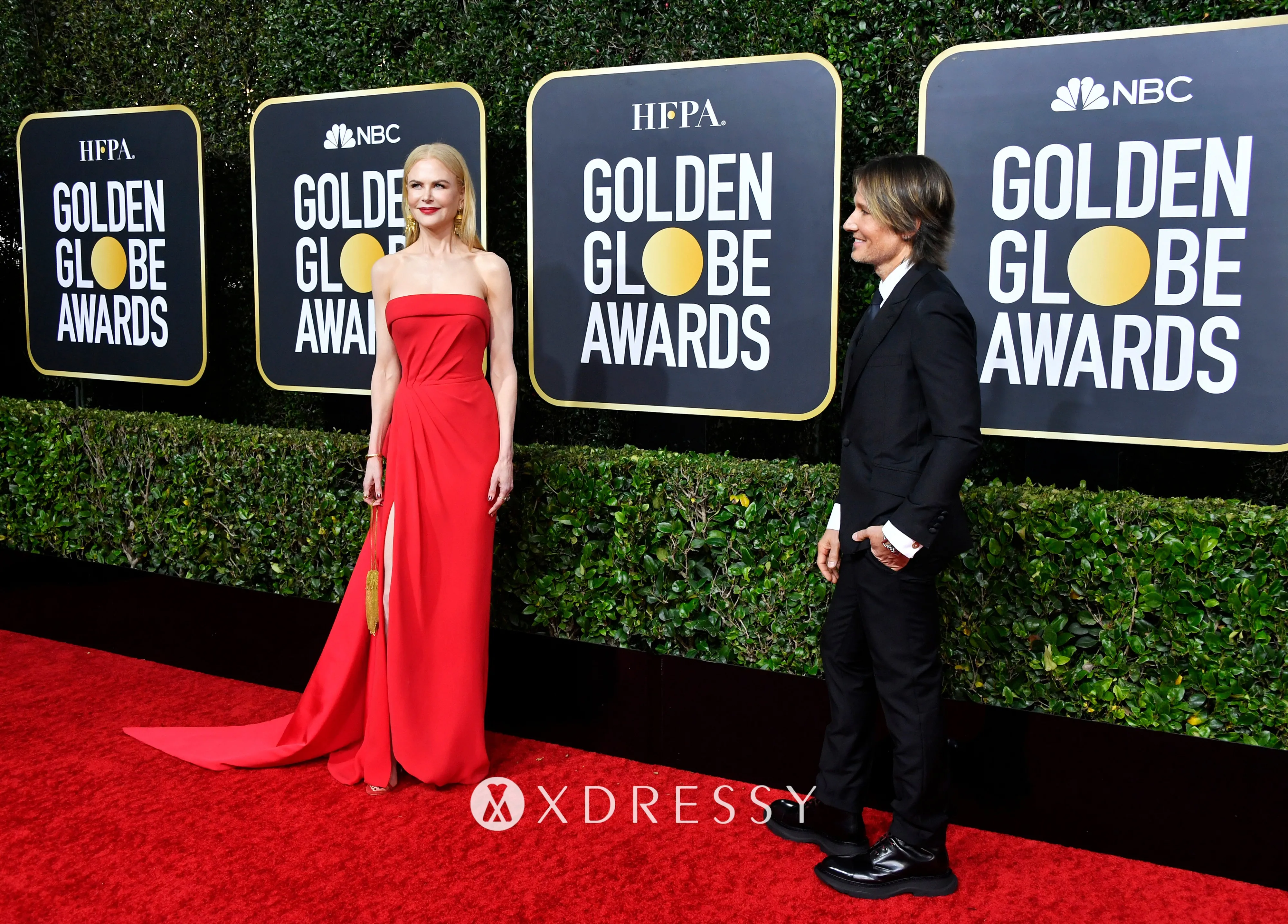 Nicole Kidman in a sexy strapless red column dress with a thigh high slit at the 2020 Golden Globes