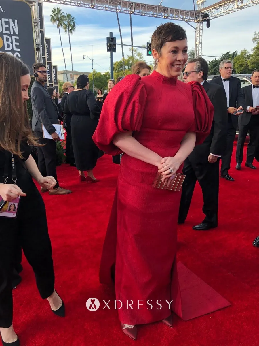 Olivia Colman glammed up in a dark red satin column evening dress for the 2020 Golden Globes red carpet