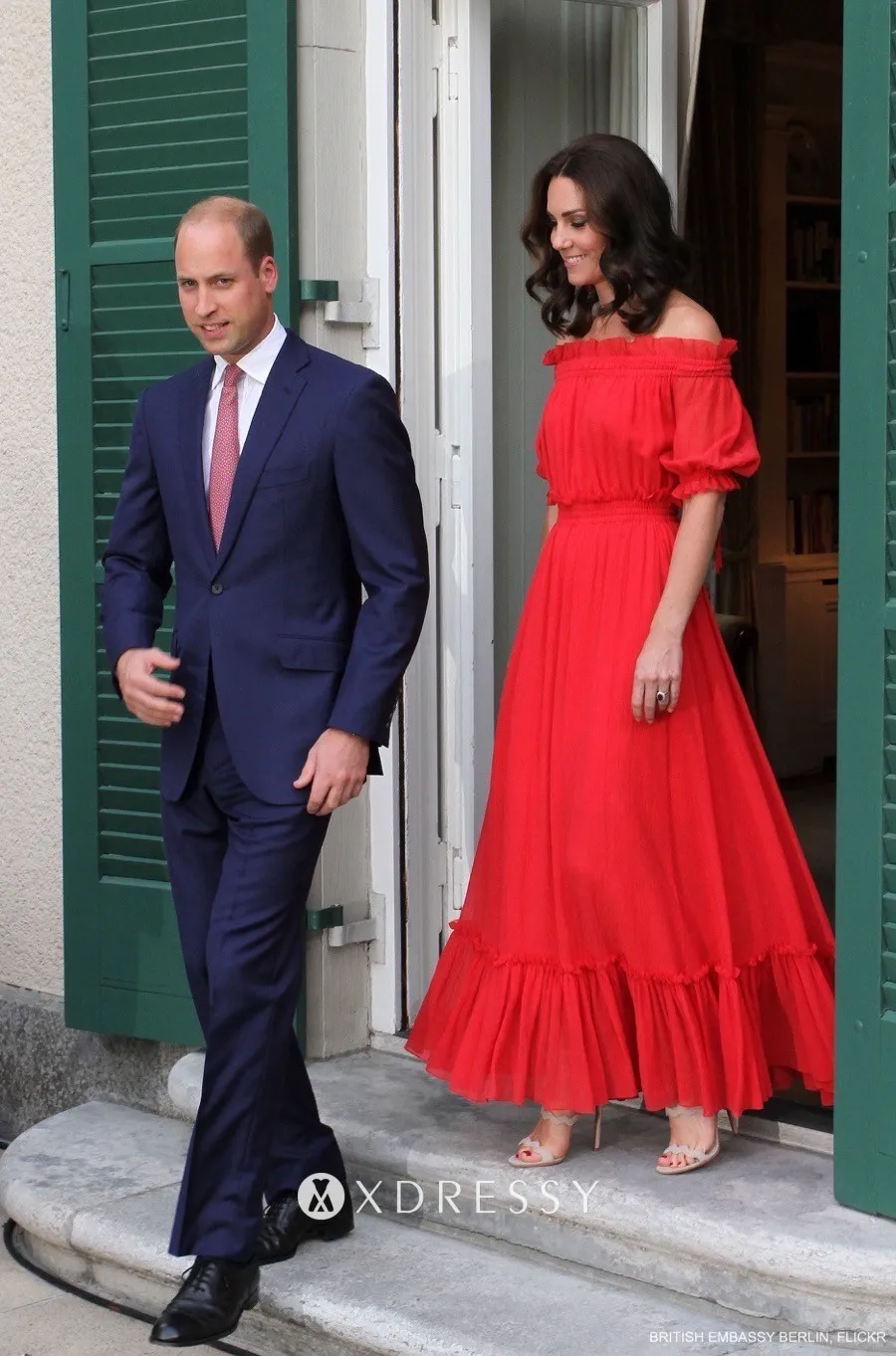 Kate Middleton debuted a beautiful bright red chiffon off the shoulder A line long dress with short sleeves