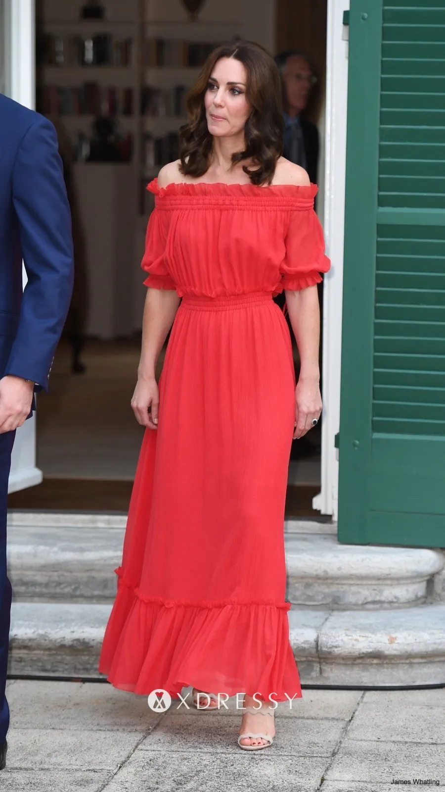 beautiful bright red chiffon off the shoulder A line long dress with short sleeves