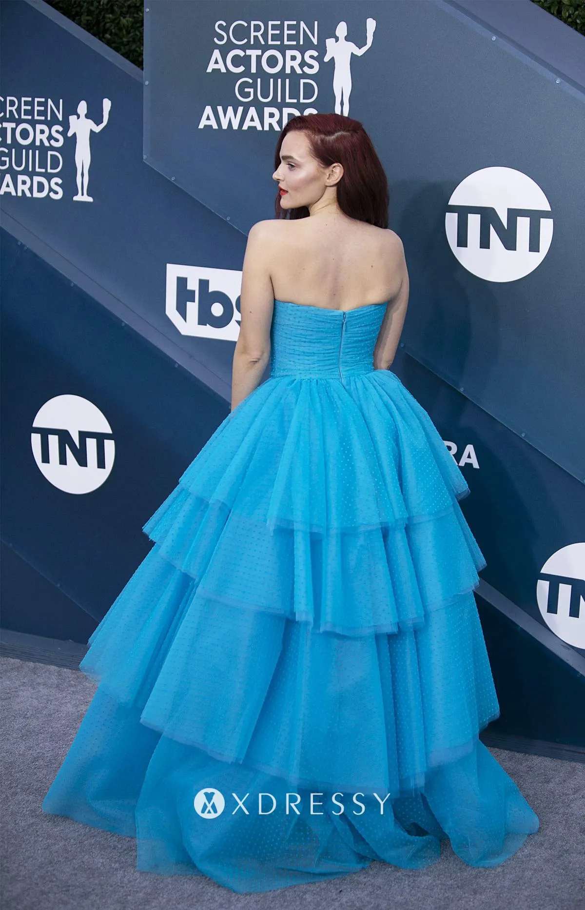 Madeline Brewer in a strapless blue tulle ball gown with a voluminous tiered skirt at the 2020 SAG Awards