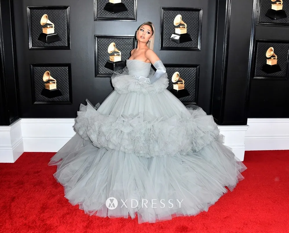 Ariana Grande made an unforgettable entrance at the 2020 Grammys in a gray tulle strapless gown