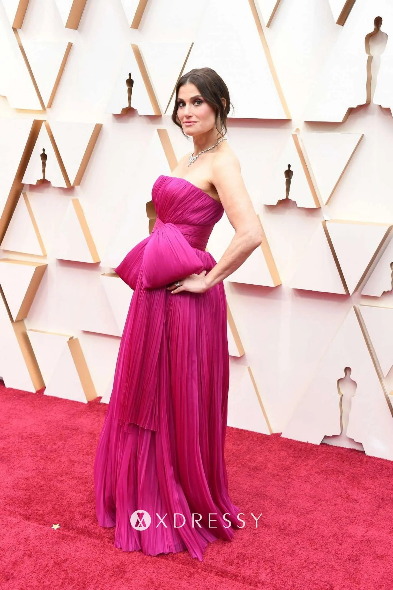 Idina Menzel looked lovely in a A line long fuchsia formal gown with oversized bow at the 2020 Oscars red carpet Idina Menzel looked lovely in a A line long fuchsia formal gown with oversized bow at the 2020 Oscars red carpet