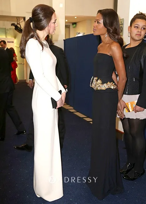 Kate Middleton sheath long evening dress with bateau neckline and long sleeves Claridges to support Prince William