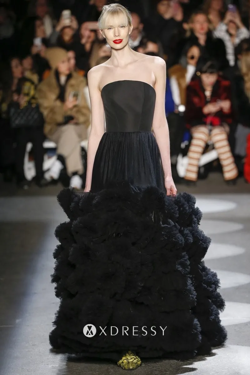 black satin and tulle strapless ruffled long train formal dress