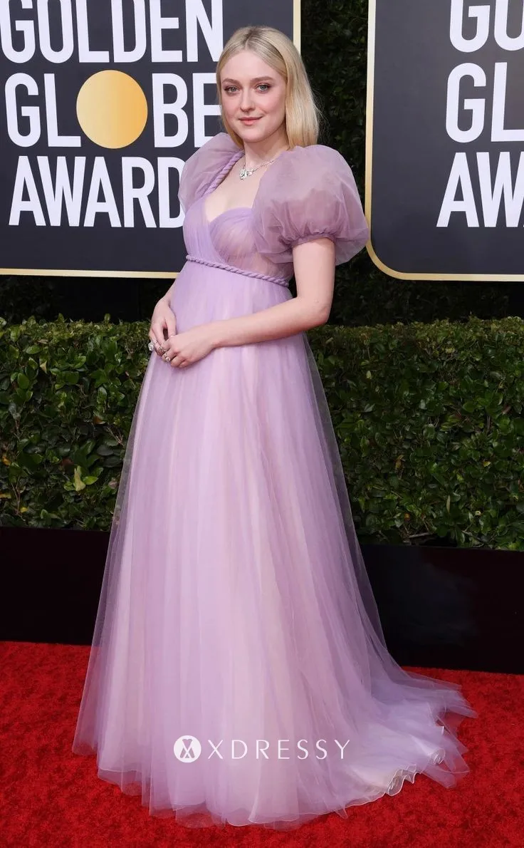 Dakota Fanning looked like a fairytale princess in a lilac empire waist cute gown at the 2020 Golden Globes