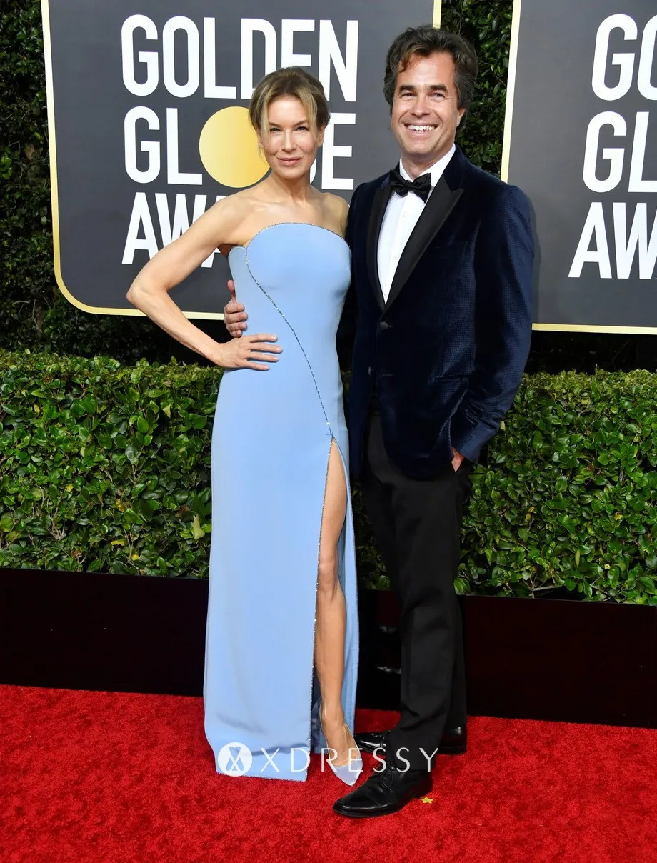 Renee Zellweger in a sky blue sheath long dress at 2020 Golden Globes red carpet Renee Zellweger in a sky blue sheath long dress at 2020 Golden Globes red carpet