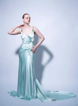 Elle Fanning inspired light blue celebrity formal prom dress golden globes 2021