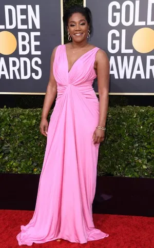 Tiffany Haddish pink V neck jersey formal prom dress 2020 Golden Globes