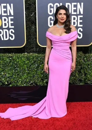 Priyanka Chopra off the shoulder pink formal dress Golden Globes 2020