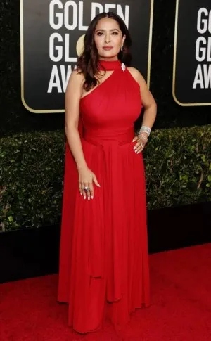 Salma Hayek red long gorgeous Grecian gown 2021 Golden Globes