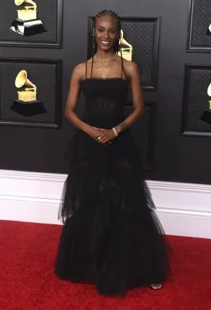 Tiara Thomas black spaghetti straps A line sheer tulle prom dress 2021 Grammy