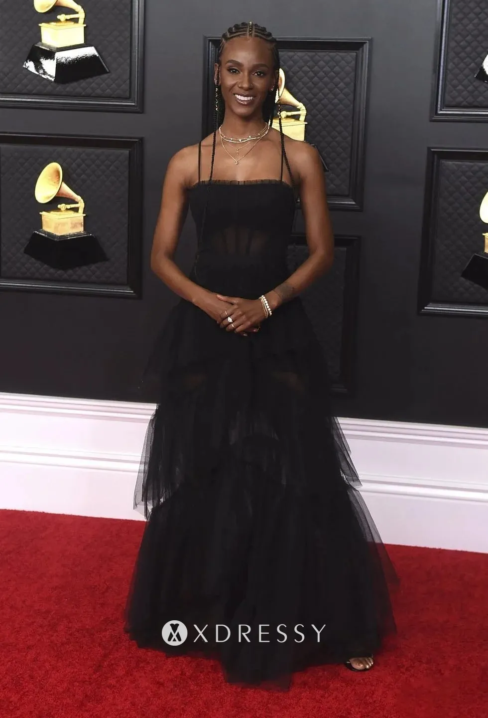 Tiara Thomas black spaghetti straps A line sheer tulle prom dress 2021 Grammy