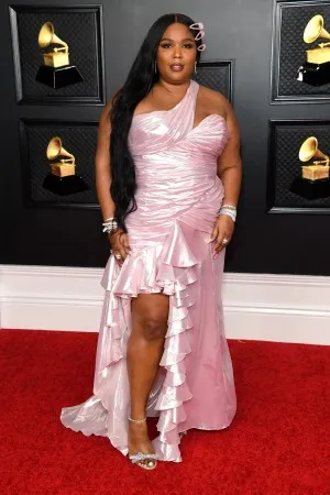 Lizzo pink ruched shiny dress grammys 2021 red carpet