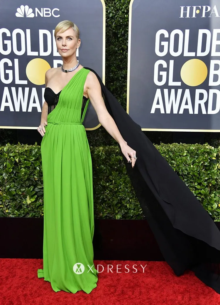 Charlizet Theron green and balck one shoulder red carpet dress 2020 Golden Globels Charlizet Theron green and balck one shoulder red carpet dress 2020 Golden Globels