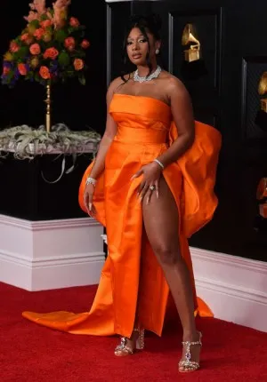 Megan Thee Stallion orange satin dress grammys 2021 red carpet