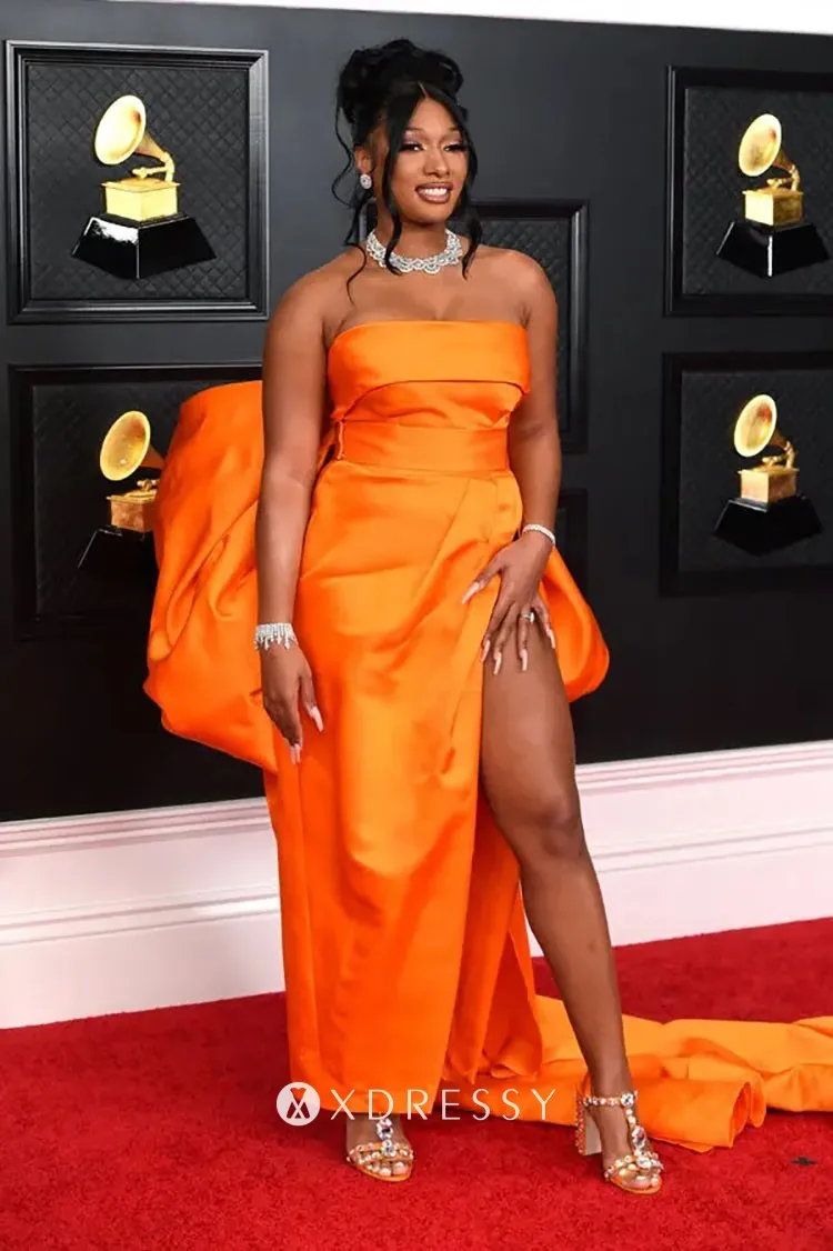 thigh high slit celebrity red carpet dress