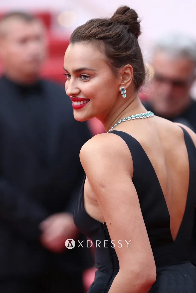 Irina Shayk black deep v back evening dress at the 2018 Cannes Film Festival