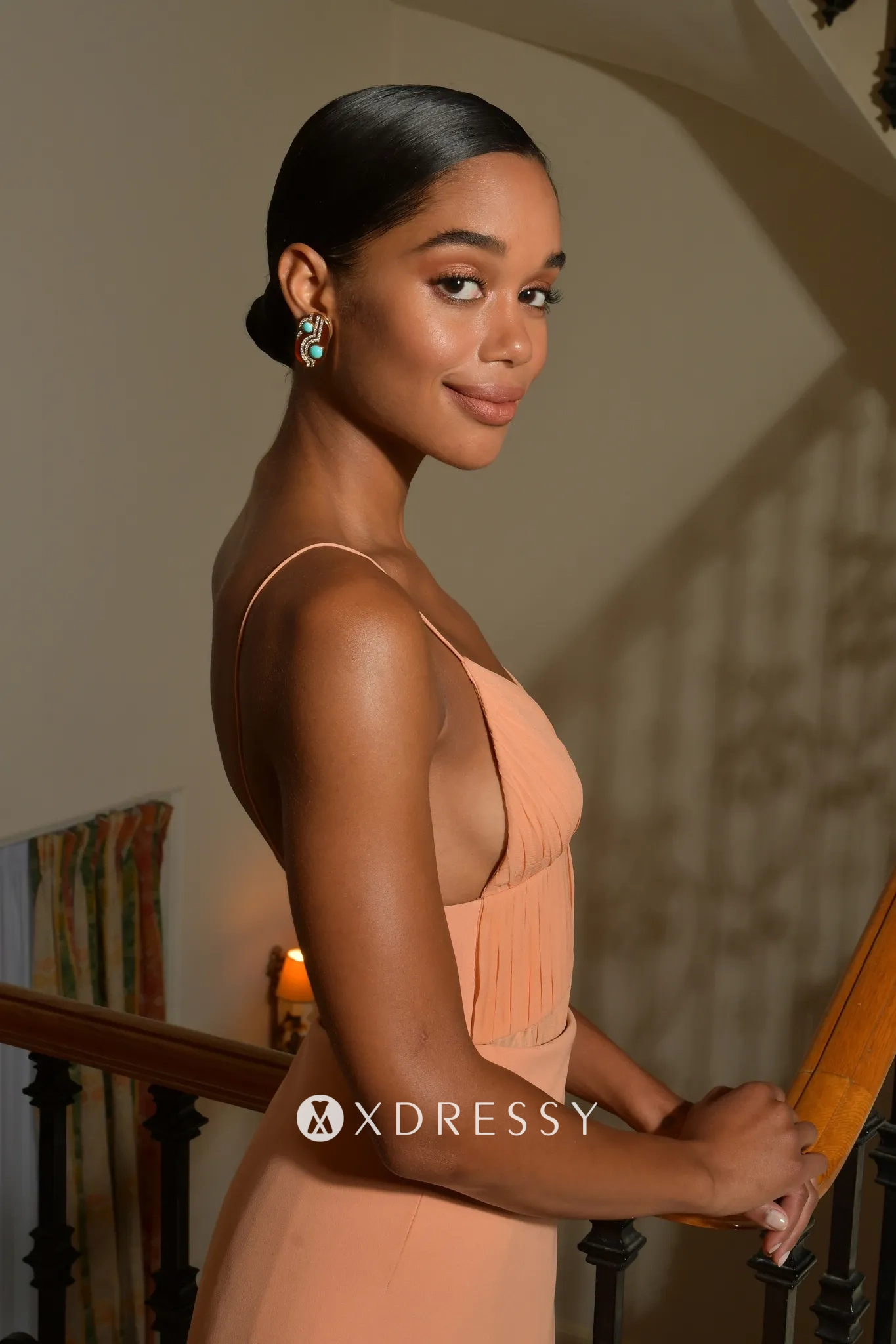 Laura Harrier peach pleated evening party dress Laura Harrier peach pleated evening party dress
