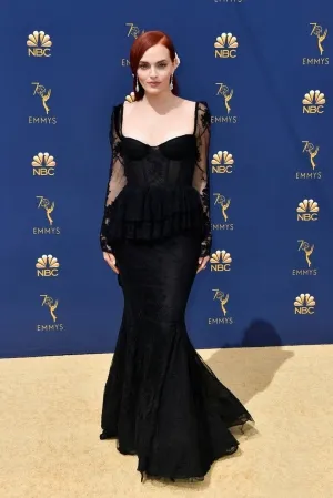 Madeline Brewer black lace evening formal dress at the 2018 Emmy Awards