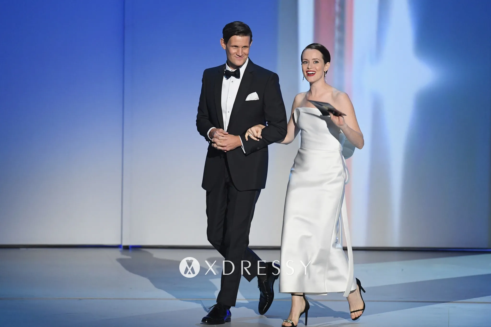 Claire Foy white satin strapless ankle length celebrity gown at the 2018 Emmys