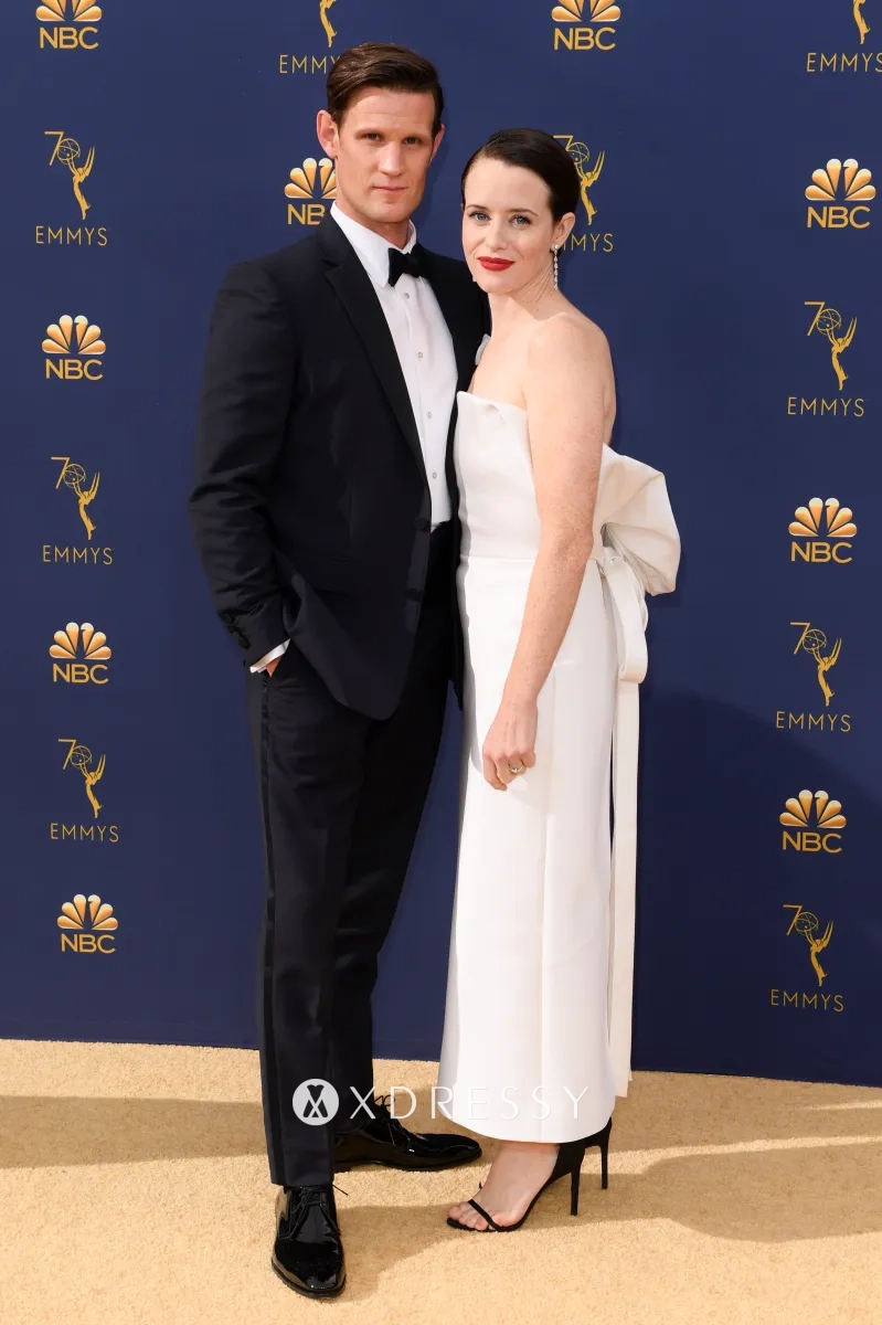 Claire Foy white strapless ankle length bridal shower dress with oversized bow Claire Foy white strapless ankle length bridal shower dress with oversized bow