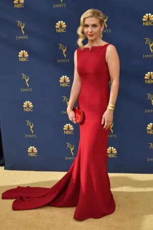 Rhea Seehorn red satin mermaid formal gown at the 2018 Emmys Awards