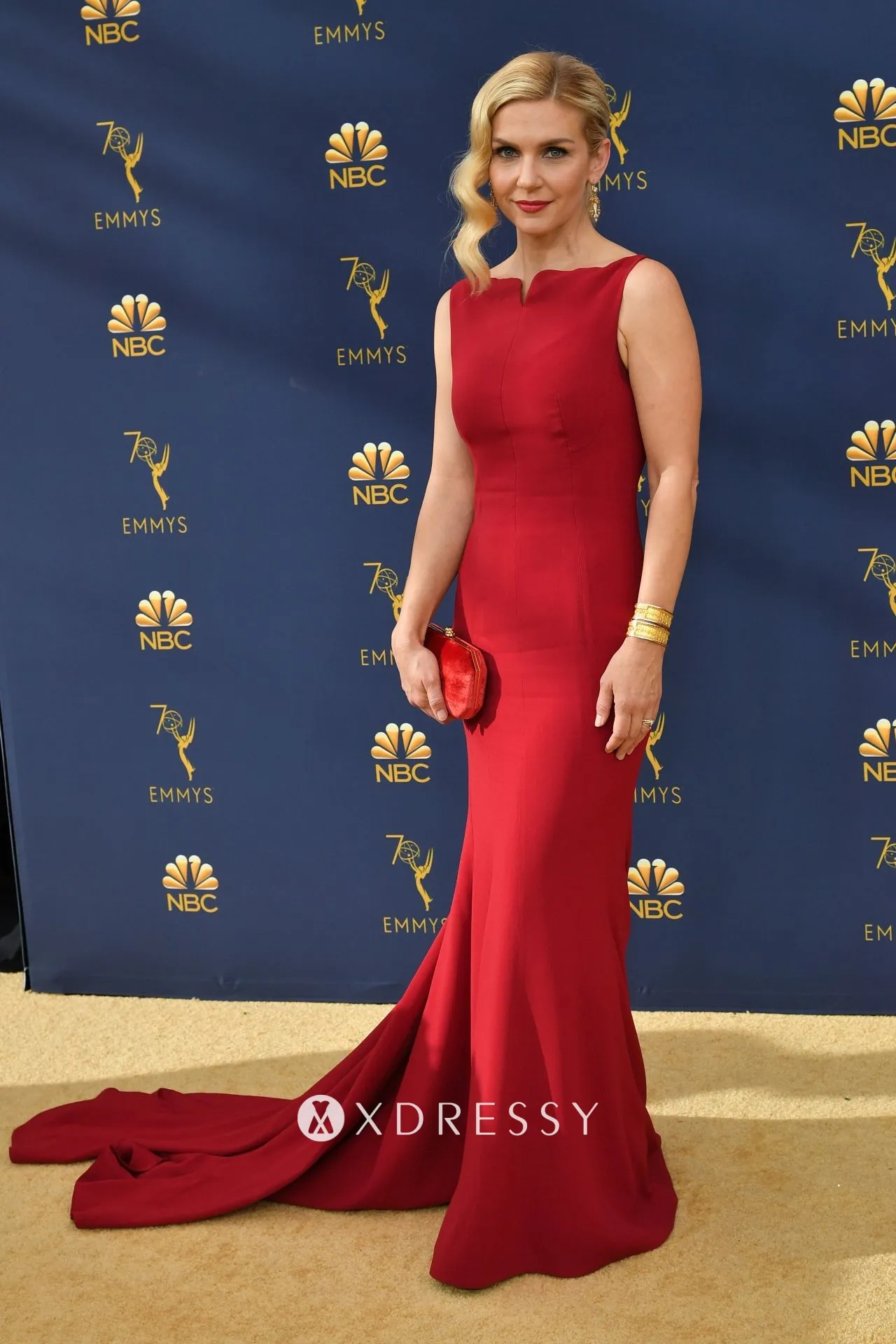 Rhea Seehorn red satin mermaid formal gown at the 2018 Emmys Awards Rhea Seehorn red satin mermaid formal gown at the 2018 Emmys Awards