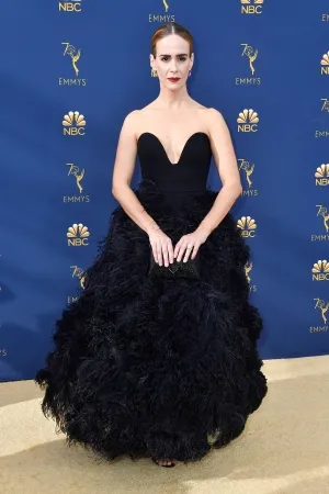 Sarah Paulson black feathery evening formal dress at the 2018 Emmys