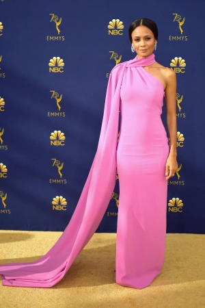Thandie Newton pink unique one shoulder draped gown at the 2018 Emmys