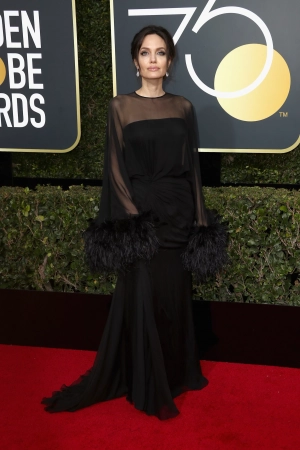 Angelina Jolie black dress with feathered cuffs 2018 Golden Globes