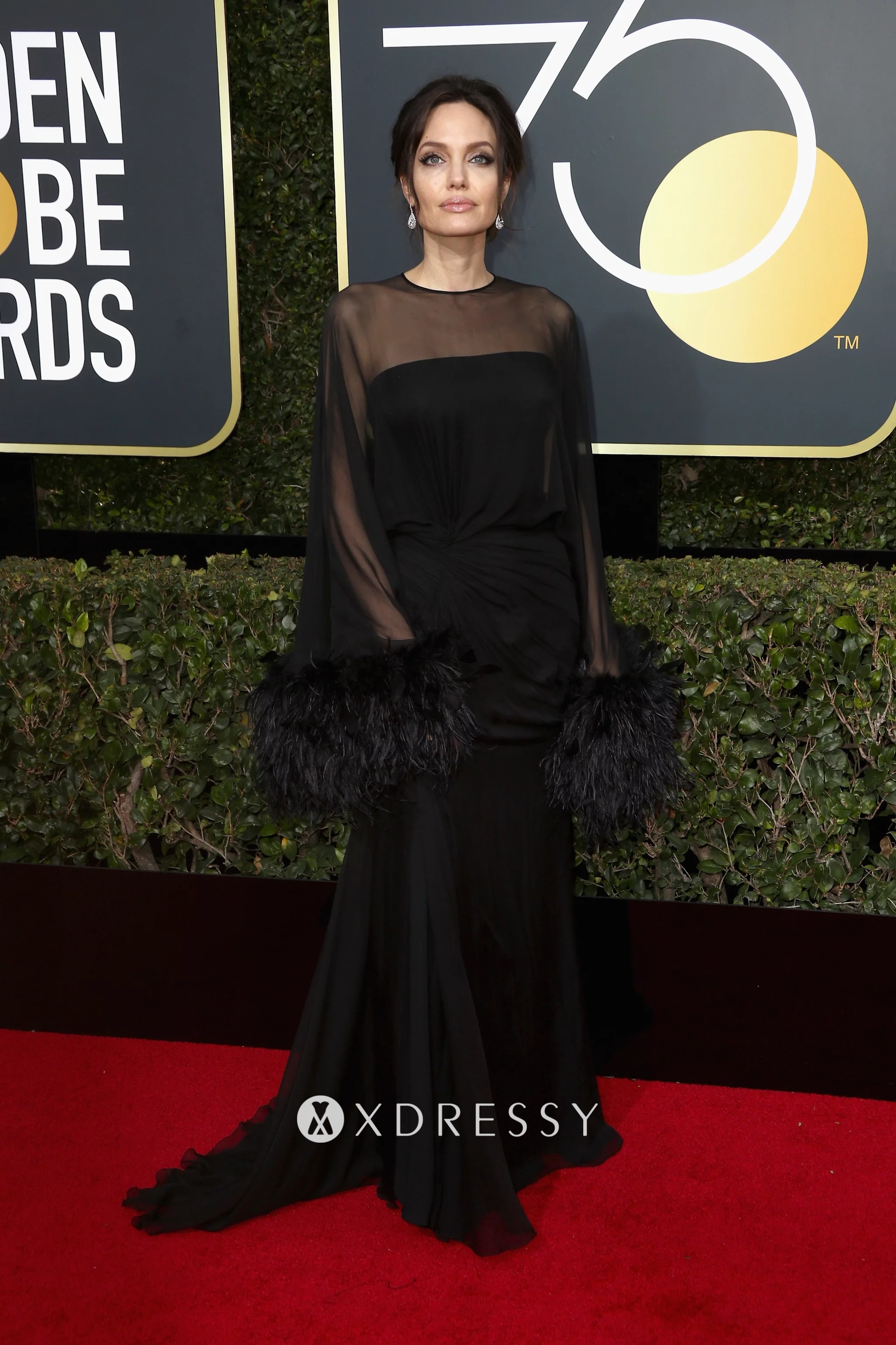 Angelina Jolie black dress with feathered cuffs 2018 Golden Globes Angelina Jolie black dress with feathered cuffs 2018 Golden Globes
