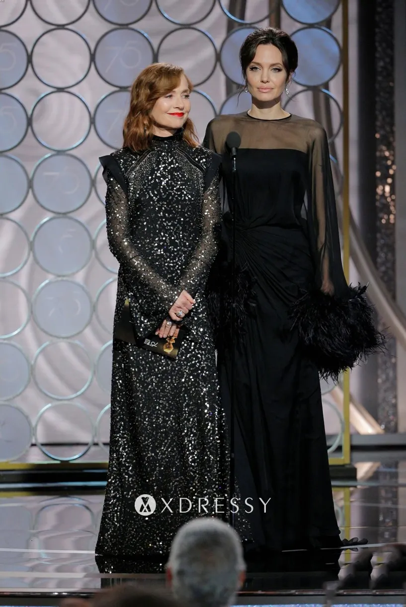 Angelina Jolie black sheer formal dress with feathered cuffs Angelina Jolie black sheer formal dress with feathered cuffs