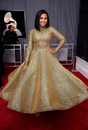 Ashanti glitter gold long sleeve ball gown at the 2018 Grammys