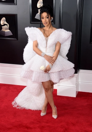 Cardi B 2018 Grammys white lace ruffled high low dress
