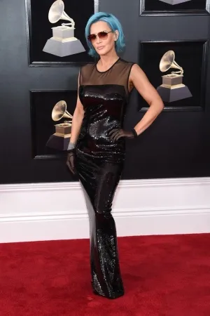 Jenny McCarthy black sequin dress at the 2018 Grammys