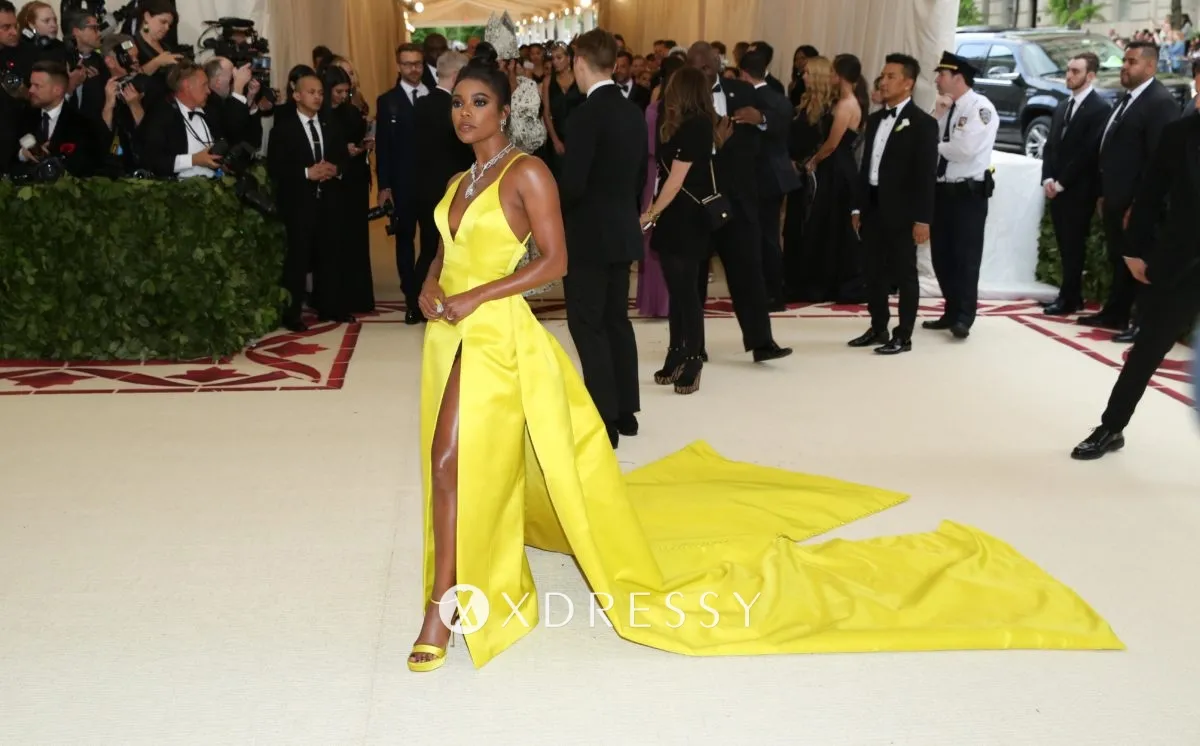 Gabrielle Union bright yellow celebrity gown with long train