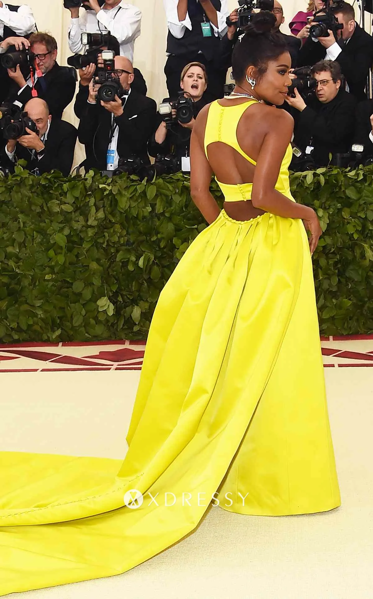 Gabrielle Union bright yellow cutout prom gown