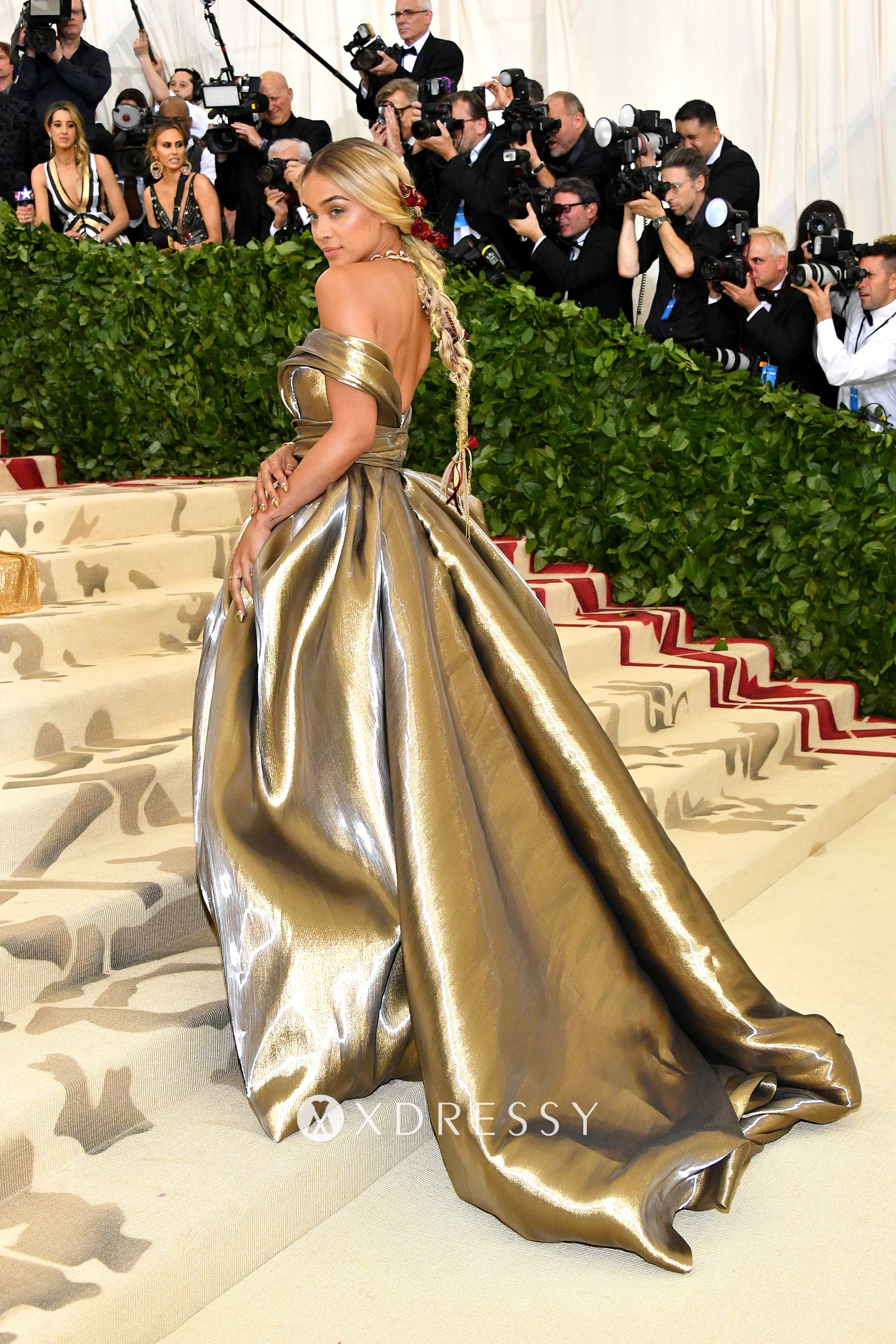 Jasmine Sanders bronze prom ball gown with short train