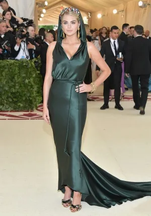 Kate Upton dark green satin evening dress 2018 Met Gala