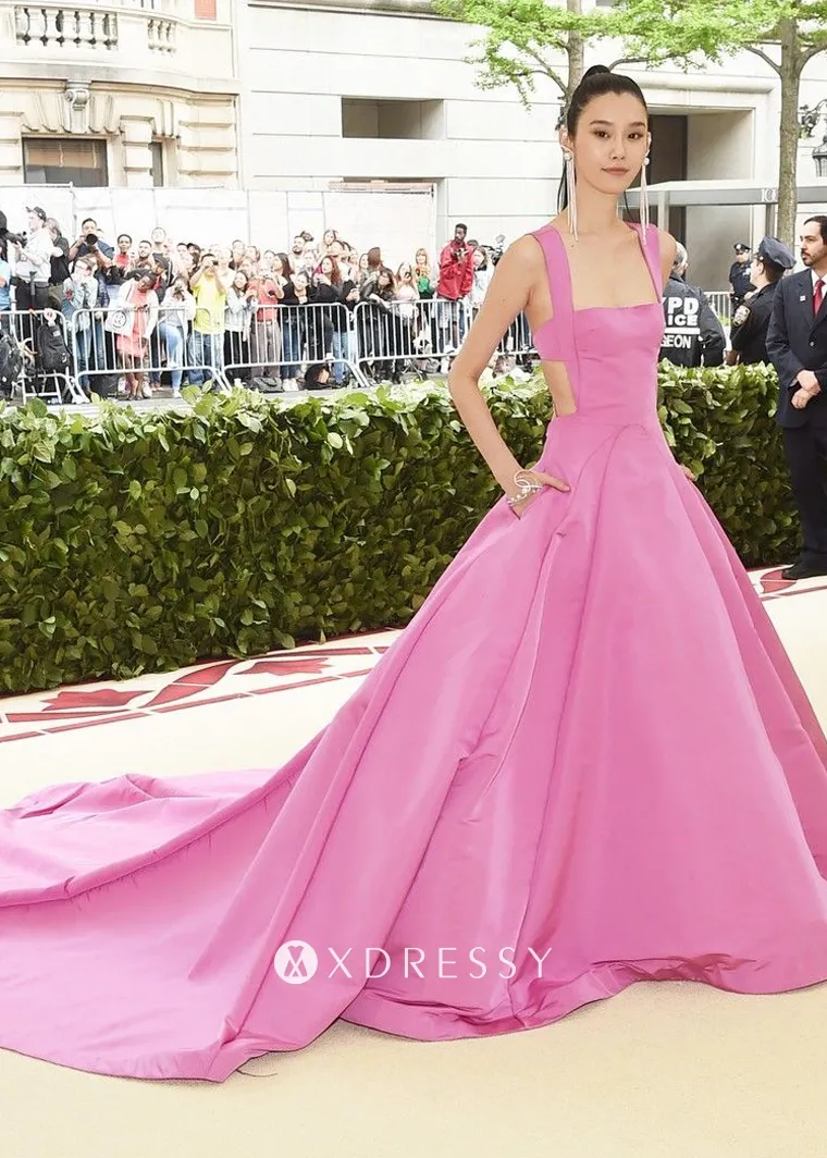 Ming Xi fuchsia long train prom gown with pockets Ming Xi fuchsia long train prom gown with pockets