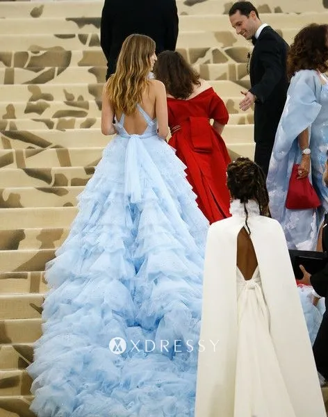 Talita von Furstenberg sky blue tiered long train red carpet dress Talita von Furstenberg sky blue tiered long train red carpet dress