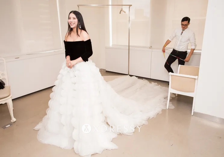 Wendy Yu white and black prom ball gown with long train Wendy Yu white and black prom ball gown with long train