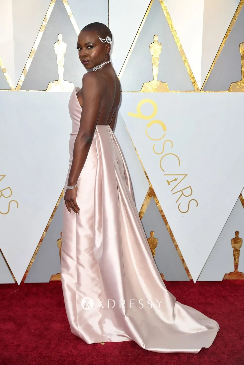 Danai Gurira pale pink low back evening gown