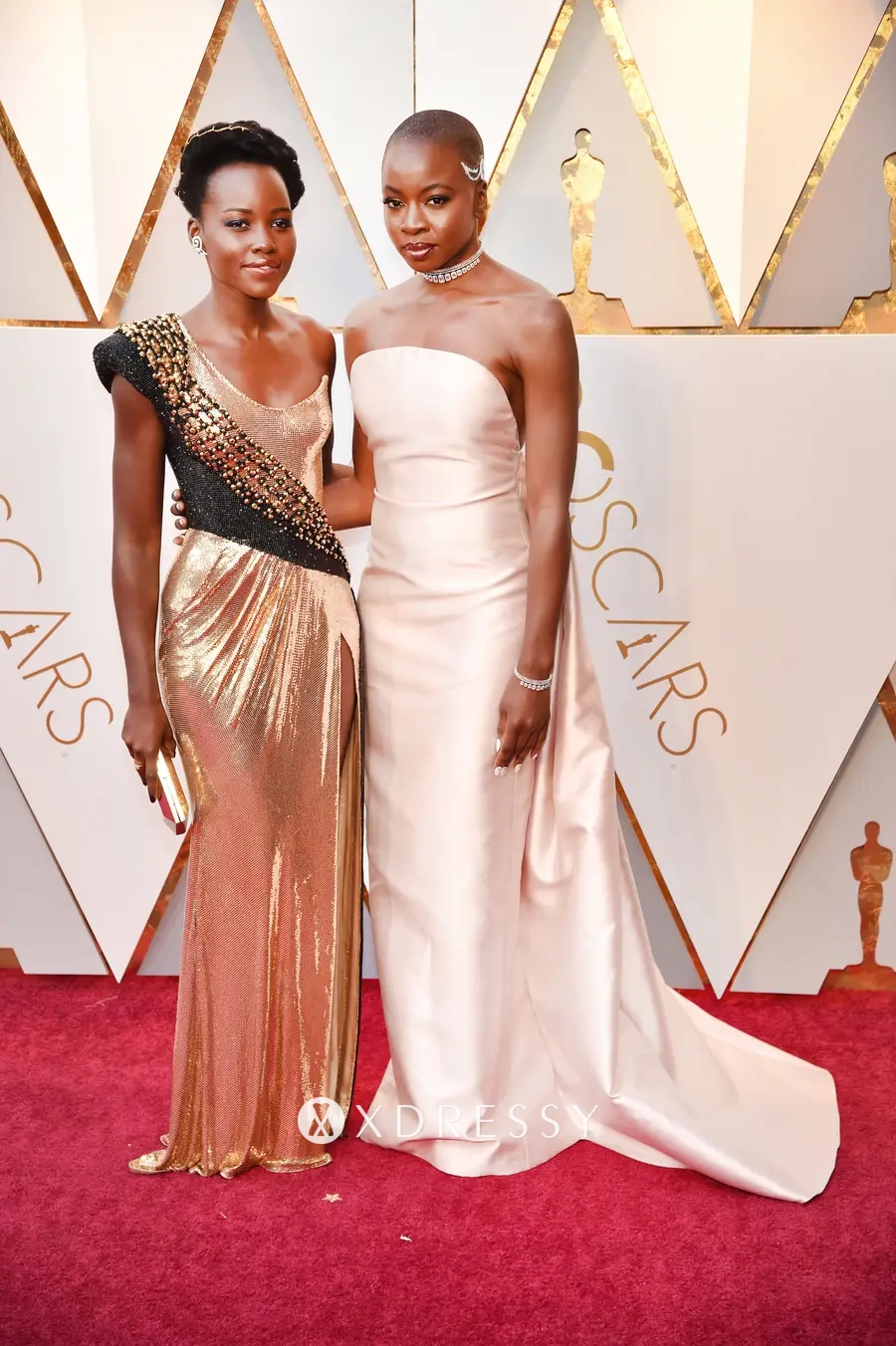 Danai Gurira pale pink satin strapless formal gown
