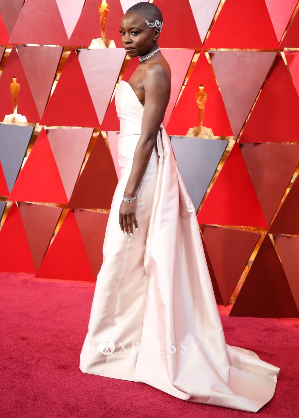 Danai Gurira pale pink strapless column dress