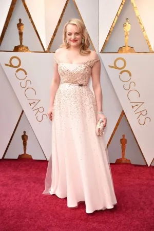 Elisabeth Moss 2018 Oscars blush sequinned off shoulder porm dress