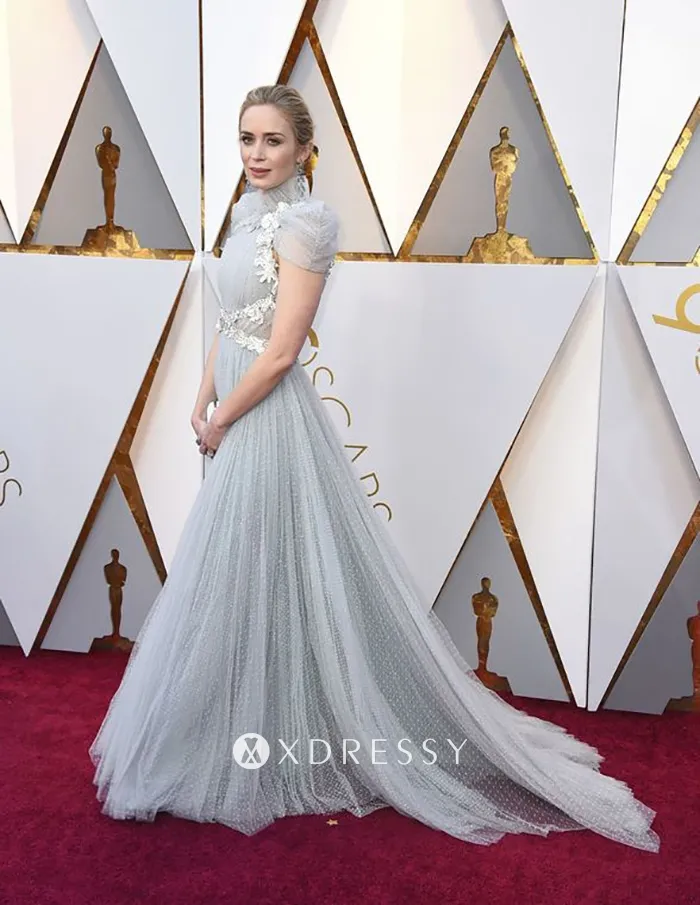 Emily Blunt dreamy light blue prom gown on the red carpet