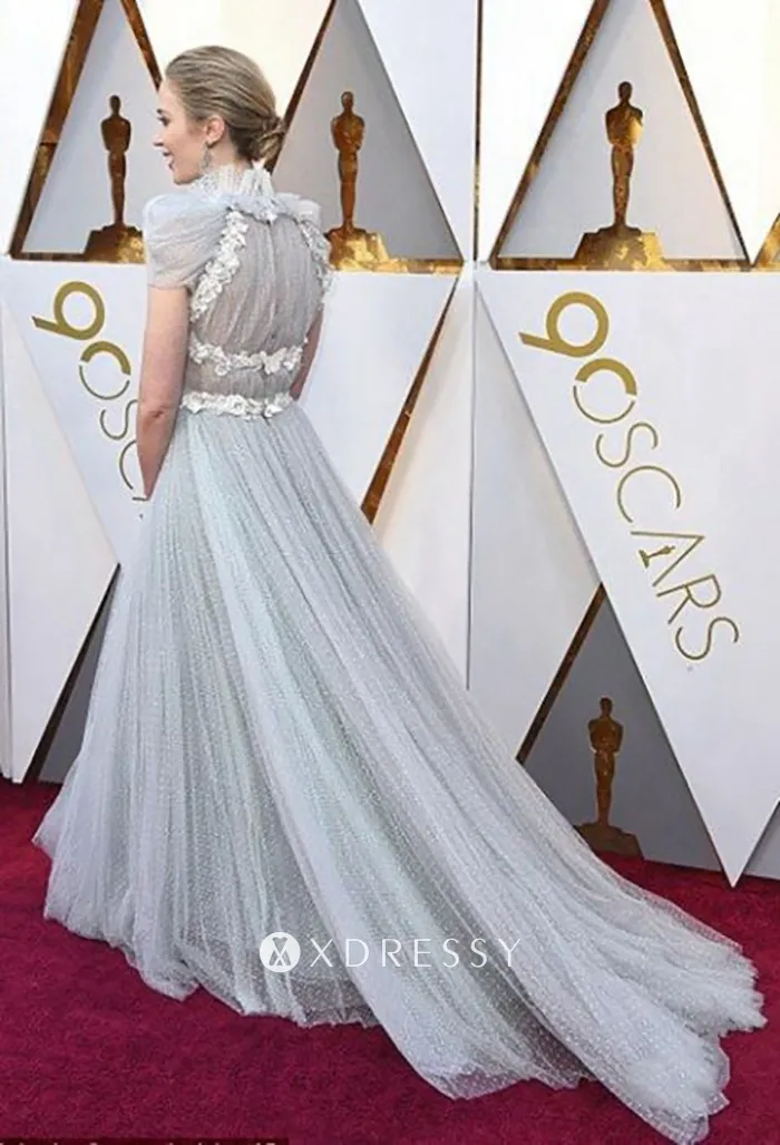 Emily Blunt light blue lace tulle evening dress