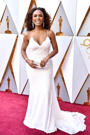 Janet Mock 2018 Oscars white lace mermaid shoulder sash dress